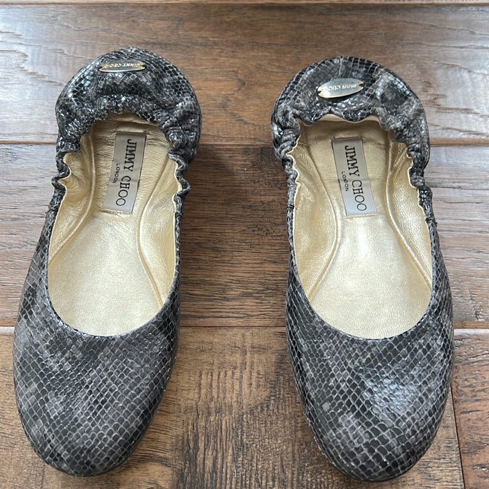 Jimmy Choo gray/Black Snake Print Flats